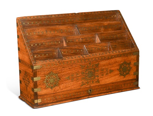 Lot 178 - A Hoshiarpur brass inlay and hardwood letter rack, early 20th century