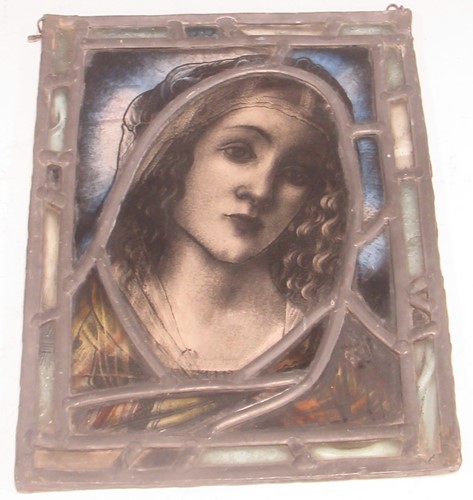 Lot 21 - A stained glass panel of the Madonna, 29.5 x 23cm