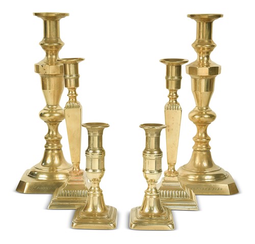 Lot 165 - Three pairs of brass candlesticks, 19th century