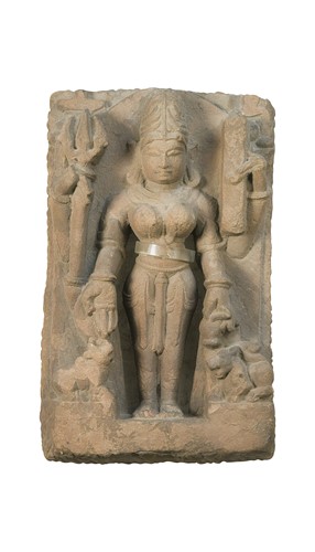Lot 163 - An Indian purple sandstone standing temple figure of Upendra