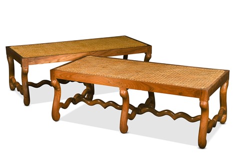 Lot 310 - A pair of Louis XIII style hardwood Os de Mouton caned benches, modern