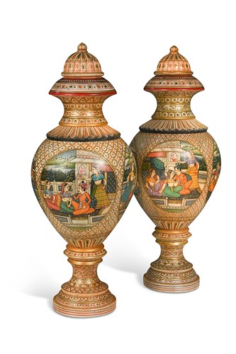 Lot 53 - A pair of North Indian finely painted inlaid bone urns and covers, modern