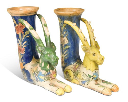 Lot 40 - A pair of Kutayha pottery deer vases
