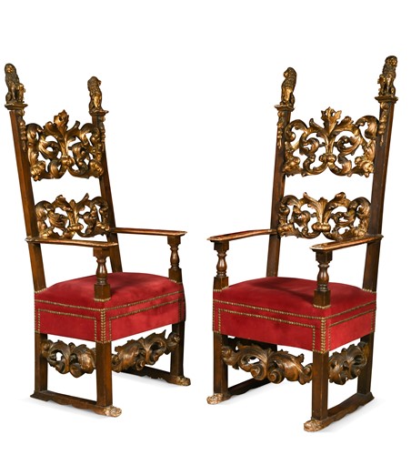 Lot 488 - A pair of parcel gilt and walnut 'Friar's chairs', 19th century