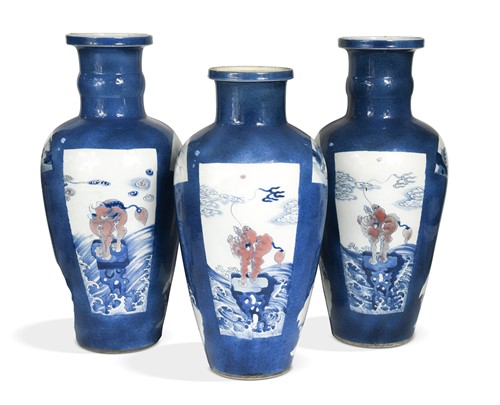 Lot 28 - A garniture of three Chinese powder blue ground vases, Qing Dynasty, 18th/19th century