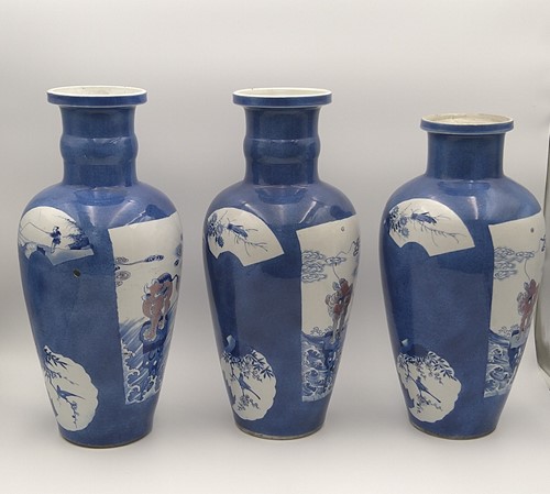 Lot 28 - A garniture of three Chinese powder blue ground vases, Qing Dynasty, 18th/19th century