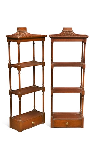 Lot 633 - A pair of hardwood three tier hanging shelves, 20th century