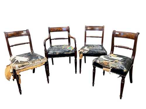 Lot 449 - Four Regency mahogany rope back dining chairs...