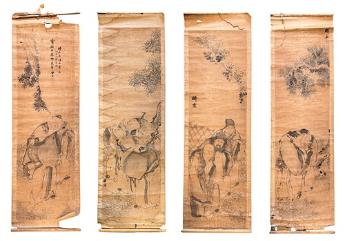 Lot 143 - A set of four Chinese scroll paintings, 19th century
