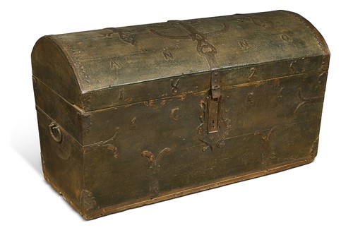 Lot 605 - A large painted oak metal bound marriage chest, dated 1825