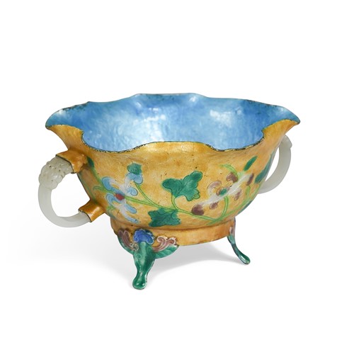 Lot 30 - A Chinese enamelled and jade-mounted tripod lotus bowl, late Qing Dynasty, circa 1900
