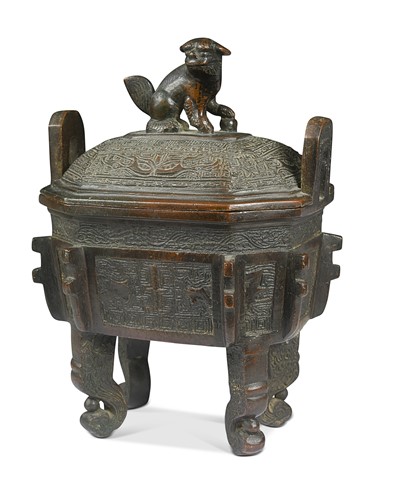 Lot 34 - A Chinese bronze archaic style Fang Ding censer and cover, Qing Dynasty, 18th/19th century