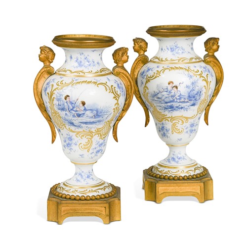 Lot 523 - A pair of gilt-metal mounted two-handled vases, possibly Sevres, 19th century