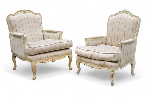 Lot 610 - A near pair of French Louis XV style lounging chairs, modern