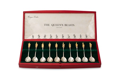 Lot 365 - 'The Queen's Beasts' - A set of ten Elizabeth II silver parcel gilt spoons