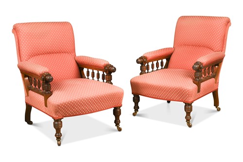 Lot 703 - A pair of late Victorian Lansdowne Bros. patent mahogany reclining armchairs