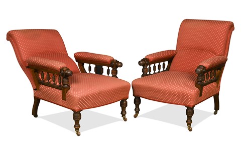Lot 674 - A pair of late Victorian Lansdowne Bros. patent mahogany reclining armchairs