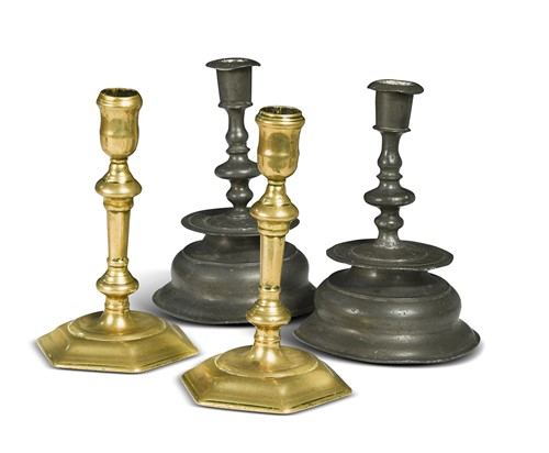 Lot 422 - A pair of Queen Anne brass candlesticks