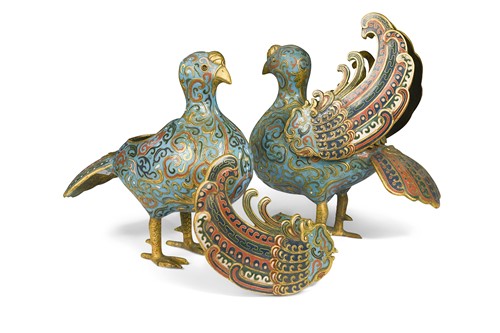 Lot 31 - A pair of Chinese cloisonne enamel mythical birds, late Qing Dynasty
