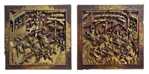 Lot 47 - Two Chinese relief carved, scarlet lacquered and gilded panels from a room screen, Qing Dynasty, 19th century