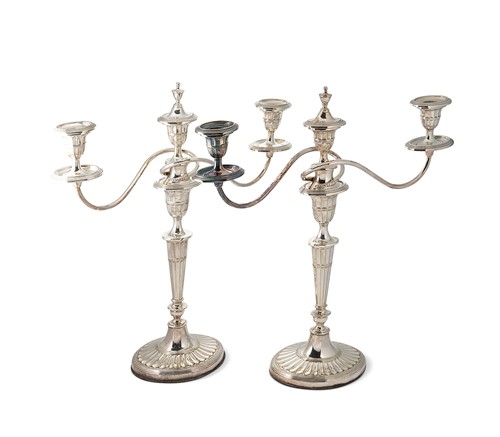 Lot 254 - A pair of silver plated three light metamorphic candelabra