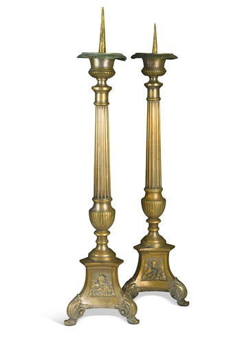 Lot 330 - A large pair of Continental brass ecclesiastical pricket stands, 19th century