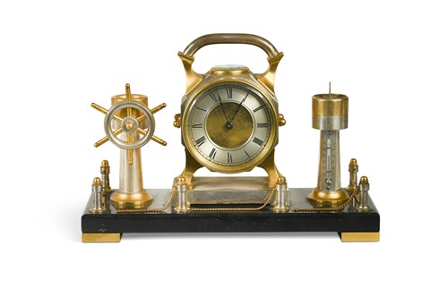 Lot 569 - A Nautical themed desk clock, with compass, sundial and thermometer, early 20th century