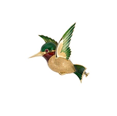 Lot 28 - An 18ct gold enamelled hummingbird brooch