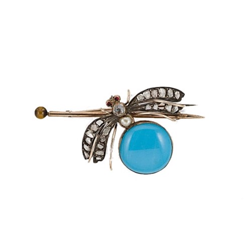 Lot 27 - A diamond, turquoise and pearl insect brooch