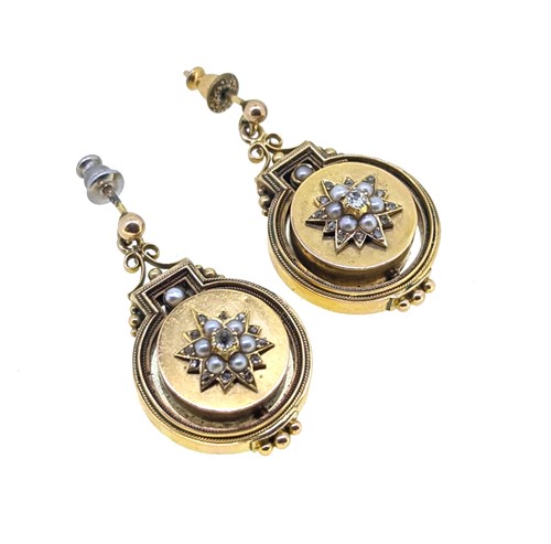 Lot 10 - A pair of Victorian Etruscan revival diamond and pearl ear pendants