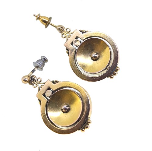 Lot 10 - A pair of Victorian Etruscan revival diamond and pearl ear pendants