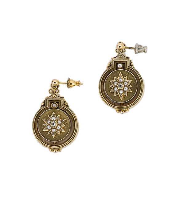 Lot 10 - A pair of Victorian Etruscan revival diamond and pearl ear pendants