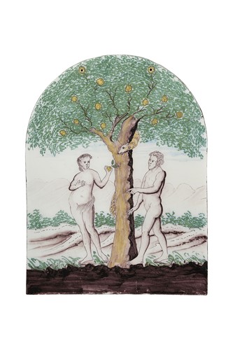 Lot 342 - An earthenware Adam & Eve plaque, probably 19th century