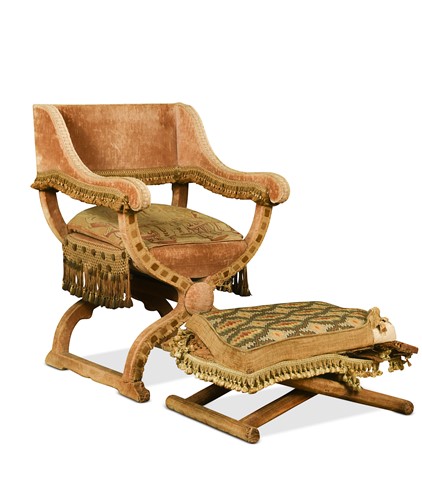 Lot 402 - A Savonarola style velvet upholstered armchair, early 20th century