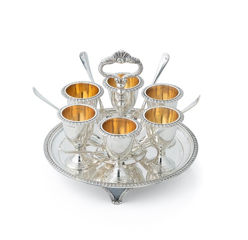 Lot 350 - A George V silver harlequin 6-piece egg cruet