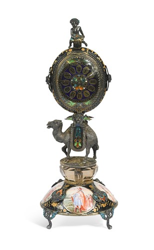 Lot 683 - A Viennese enamelled and silvered watch holder, 19th century