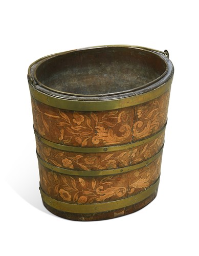 Lot 496 - A Dutch marquetry and brass bound teestoof bucket, circa 1800