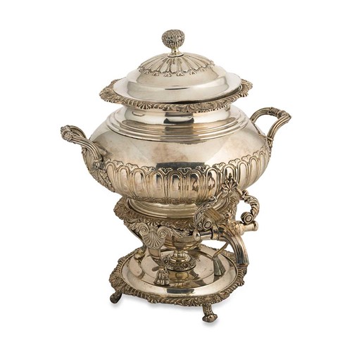 Lot 252 - A mid 19th century Old Sheffield Plate hot water urn and burner