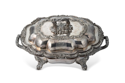 Lot 250 - An early 19th century Old Sheffield Plate three part entrée dish and warming stand