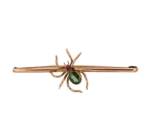 Lot 29 - An early 20th century green tourmaline and synthetic ruby spider brooch