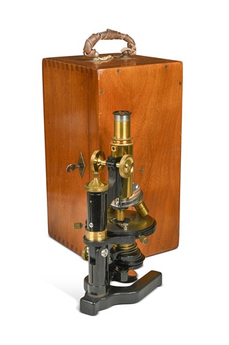 Lot 586 - A lacquered brass and black frame microscope by Carl Zeiss