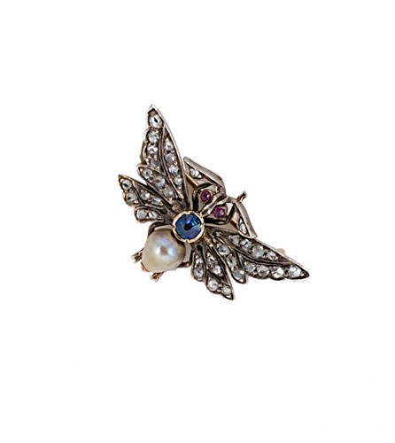 Lot 30 - A late Victorian diamond, sapphire, ruby and pearl butterfly brooch