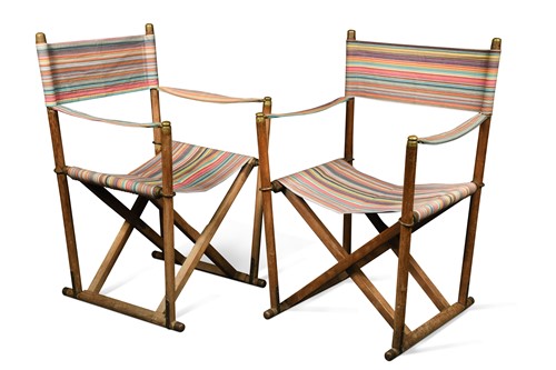 Lot 550 - A pair of teak Mogens Koch Mk-16 style Safari folding chairs, 20th century