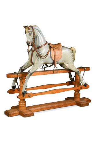 Lot 682 - A large dapple grey painted wood rocking horse, circa 1880