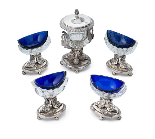 Lot 288 - A 19th century French metalwares silver 5-piece cruet set
