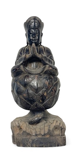 Lot 59 - A carved wooden statue of a seated Lama, Qing dynasty, 18th or 19th century