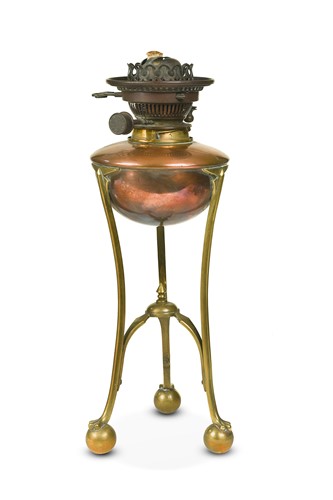 Lot 110 - A W.A.S. Benson copper and brass oil lamp base, retailed by Maple London