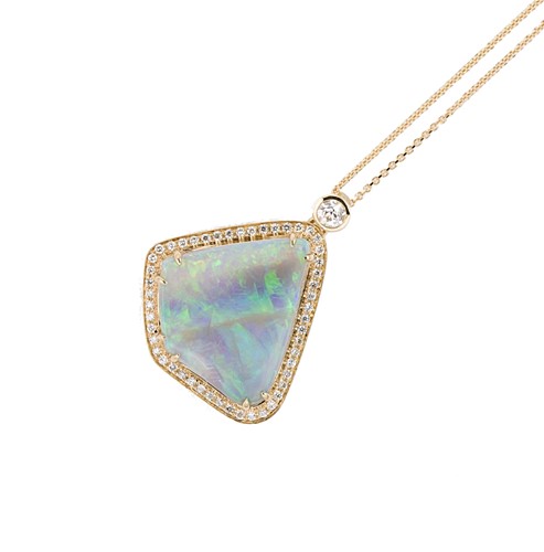 Lot 112 - An opal and diamond pendant and chain