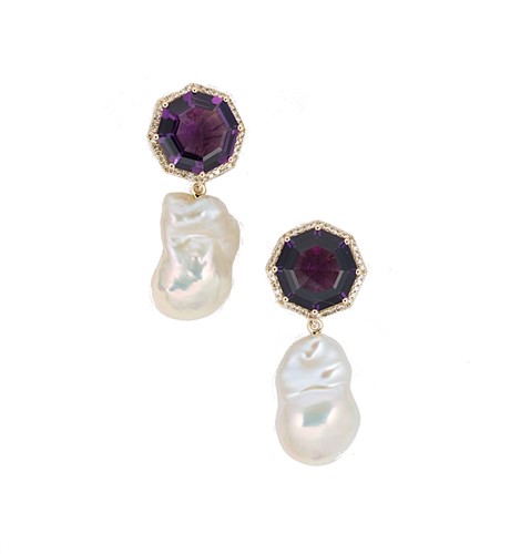 Lot 39 - A pair of baroque cultured pearl and amethyst ear pendants