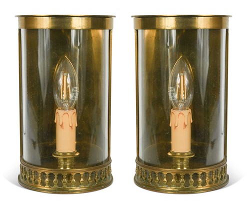 Lot 375 - A pair of lacquered brass convex wall lights, late 20th century